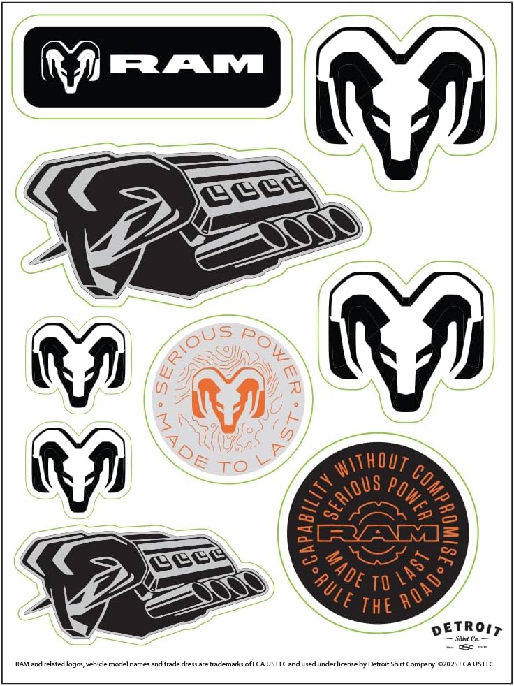 RAM Truck Stickers Sheet - 9 Heavy Duty Performance Decals Official Licensed - HEMI Power Heritage Stickers Made in USA