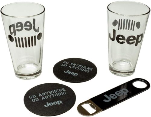 Detroit Shirt Company Jeep Pint Glass Gift Set – 2 Glasses, Recycled Tire Coasters, Bottle Opener – Off-Road Jeep Gift for Men – Licensed Set