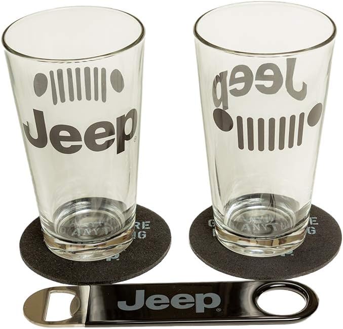 Detroit Shirt Company Jeep Pint Glass Gift Set – 2 Glasses, Recycled Tire Coasters, Bottle Opener – Off-Road Jeep Gift for Men – Licensed Set - Image 3