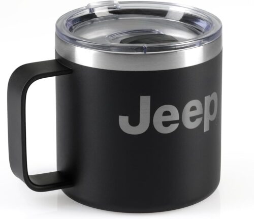 Jeep Stainless Steel Camper Mug 14oz with FREE Sticker Pack – Double Wall Copper Insulated for Hot & Cold Drinks, Powder Coated, Splash Resistant Lid (Black)