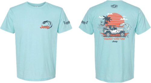 Jeep Men’s Wrangler Beachin’ Good Time T-Shirt – Ice Blue Heather | Off-Road Beach Graphic Tee with Surf and Sunset Design