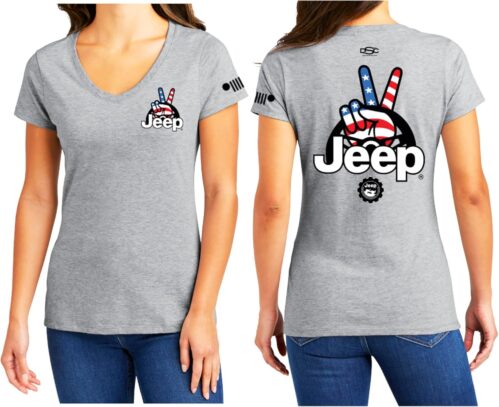Jeep Ladies Wave USA Logo V-Neck T-Shirt – Light Grey, Soft Cotton Blend, Patriotic Wave Design, Iconic Grille Sleeve Logo