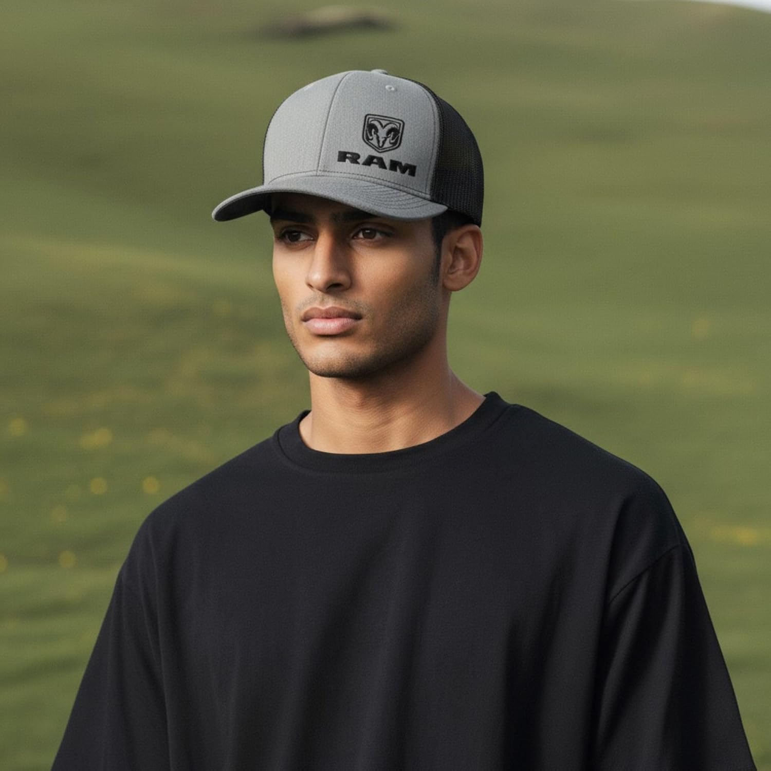 RAM Trucks Snapback Trucker Hat – Embroidered Logo, Adjustable Fit, Brushed Cotton Twill, Mid-Profile Cap Heather Grey/Black - Image 3