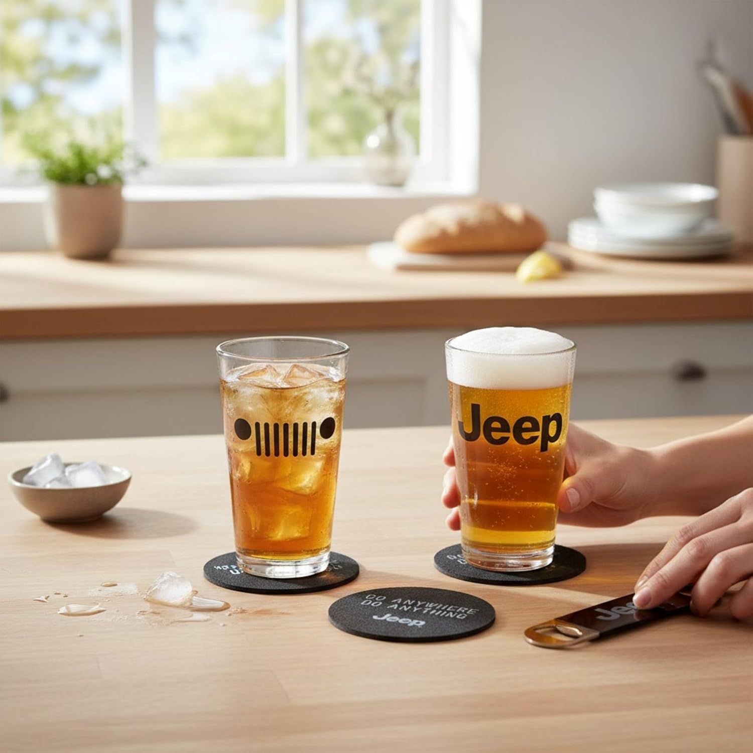 Detroit Shirt Company Jeep Pint Glass Gift Set – 2 Glasses, Recycled Tire Coasters, Bottle Opener – Off-Road Jeep Gift for Men – Licensed Set - Image 2