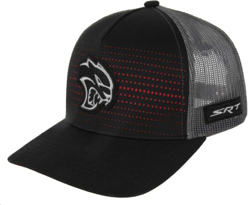 Dodge SRT Hellcat Rumble Snapback Trucker Hat – Black Red Mesh Cap with Embroidered Hellcat Logo Patch & SRT Side Patch, Licensed