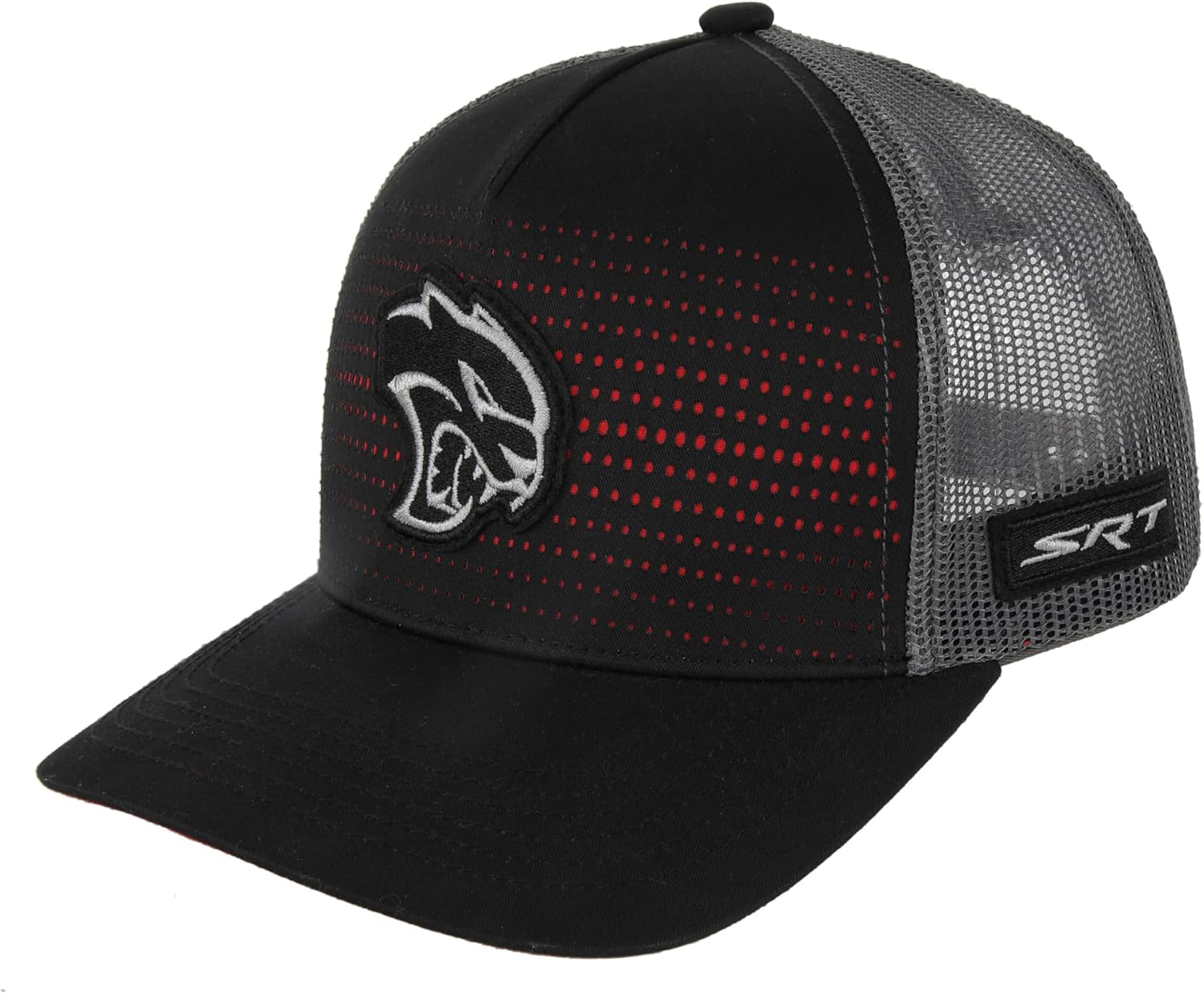 Dodge SRT Hellcat Rumble Snapback Trucker Hat – Black Red Mesh Cap with Embroidered Hellcat Logo Patch & SRT Side Patch, Licensed