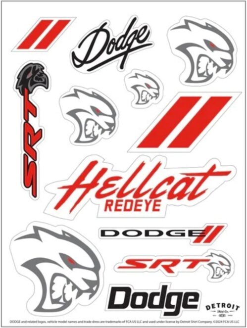 Detroit Shirt Company Dodge SRT Hellcat Redeye 11-Decal Sticker Sheet | Redeye, SRT, Dodge Rhombus, and Red Stripes Stickers | 6″x8″ Indoor/Outdoor Peel-Off Stickers