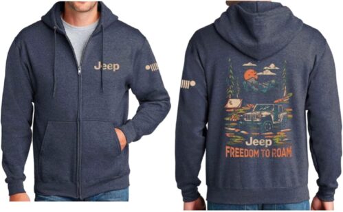 Jeep Freedom To Roam Full-Zip Hoodie Hooded Midweight Sweatshirt – Heather Navy Blue