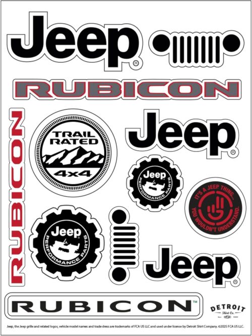 Jeep Rubicon 12-Decal Sticker Sheet | 6″x 8″ Durable Vinyl Stickers | Weatherproof, UV-Resistant, Easy Peel-Off Off-Road Graphics