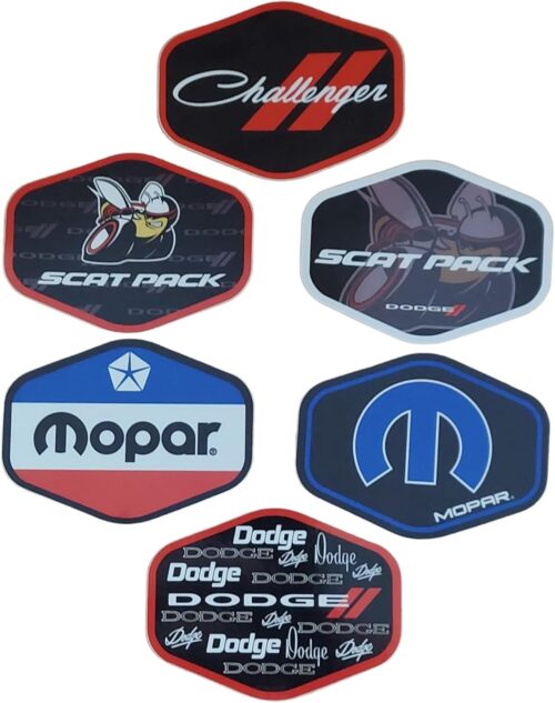 Dodge, Mopar, Challenger and Scat Pack Logo Premium Vinyl Screen-Printed Hex Shaped Stickers 6-Pack Made in Detroit