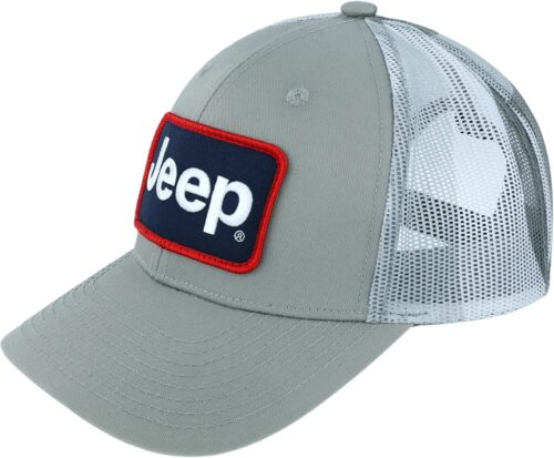 Jeep Trucker Hat – Heather Grey Twill with Camo Mesh Back | Embroidered Patch, Snapback, 7-Slot Grille Tag