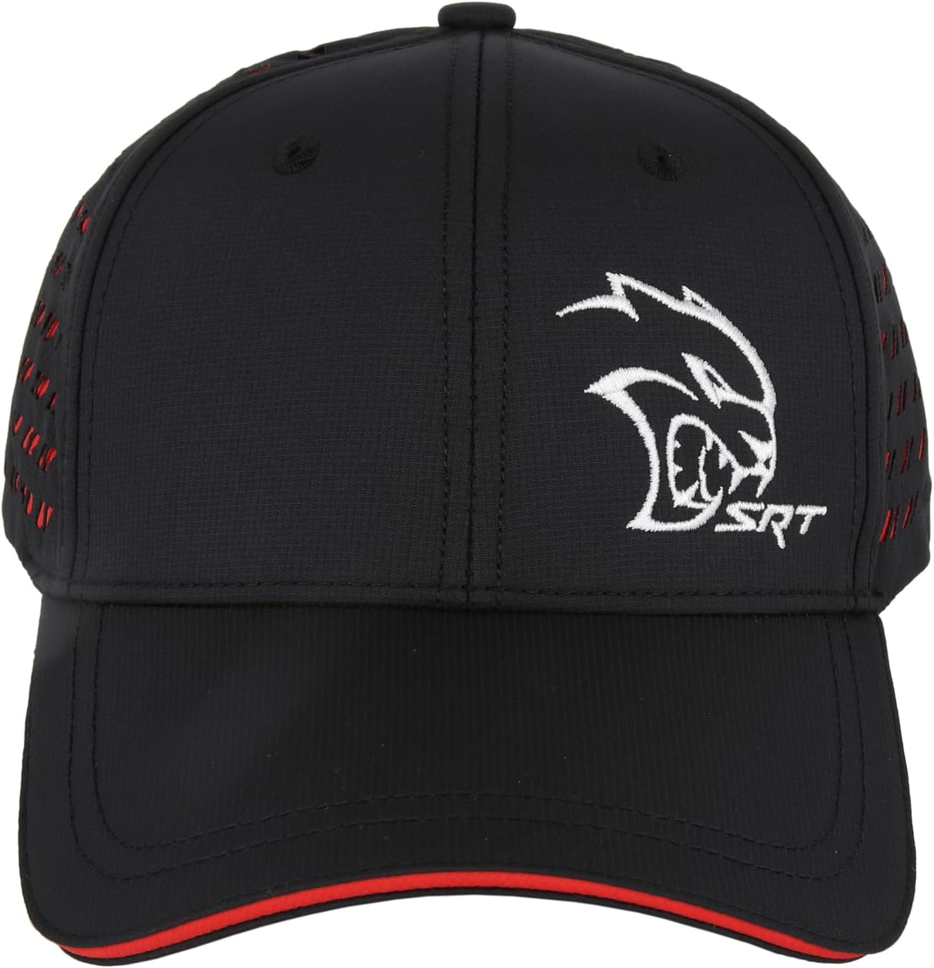 Dodge SRT Hellcat Embroidered Logo Performance Style Hat Mid Profile Laser-Cut Rhombus Six Panel Structured Cap Rhombus Logo Drop Tag and Hook and Loop Closure - Black/Red - Image 2