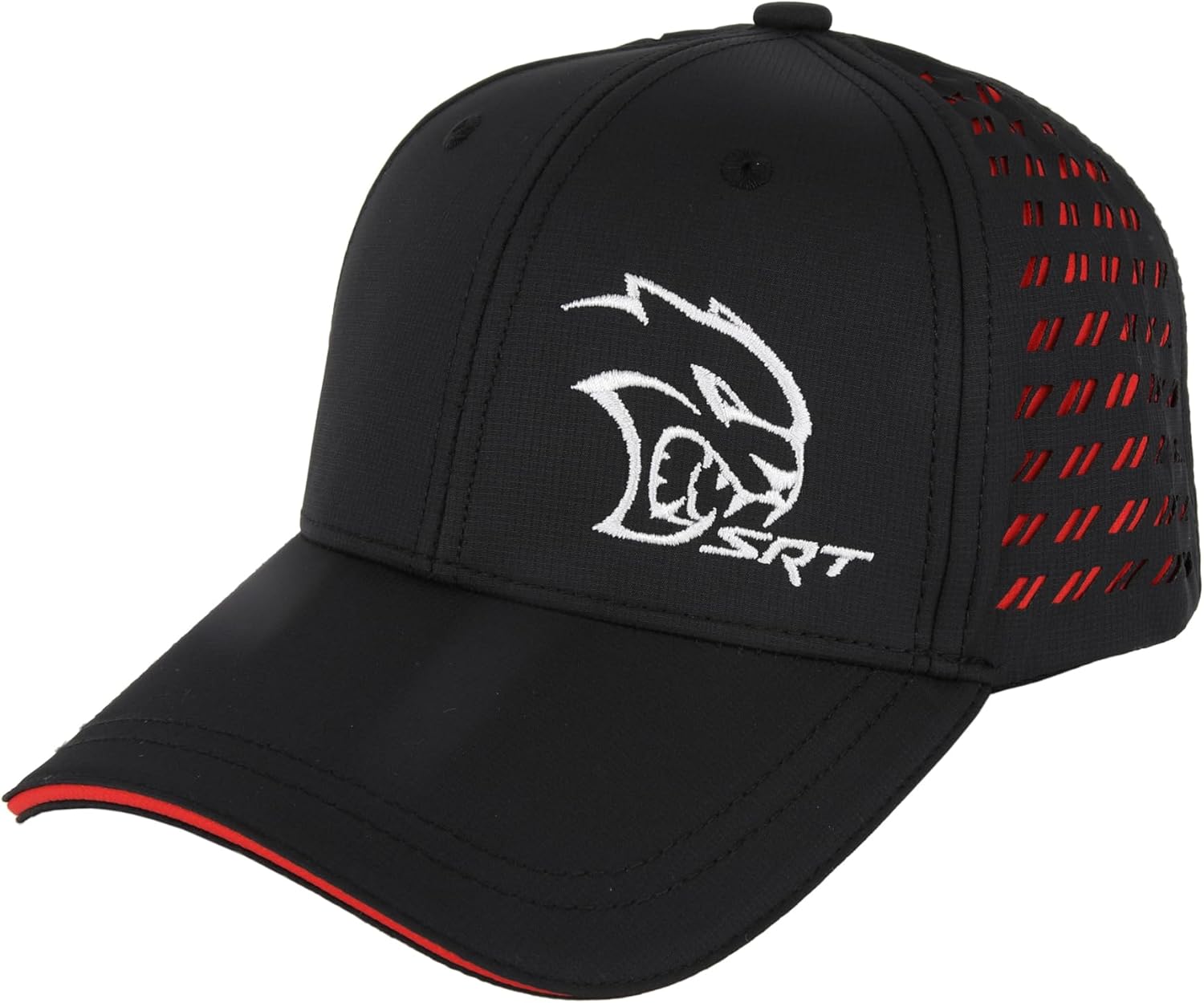 Dodge SRT Hellcat Embroidered Logo Performance Style Hat Mid Profile Laser-Cut Rhombus Six Panel Structured Cap Rhombus Logo Drop Tag and Hook and Loop Closure - Black/Red