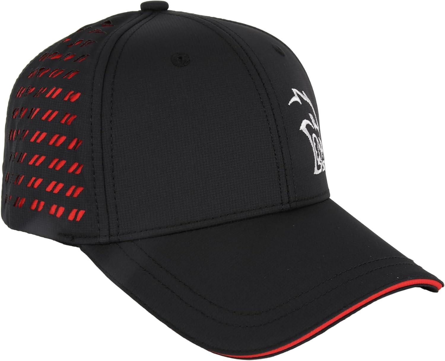 Dodge SRT Hellcat Embroidered Logo Performance Style Hat Mid Profile Laser-Cut Rhombus Six Panel Structured Cap Rhombus Logo Drop Tag and Hook and Loop Closure - Black/Red - Image 3