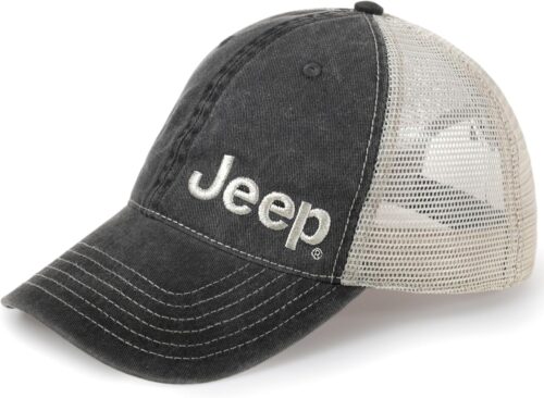Jeep Garment Washed Text Logo Trucker Hat – | Unstructured Low Profile Cap with Mesh Back & Snap Closure