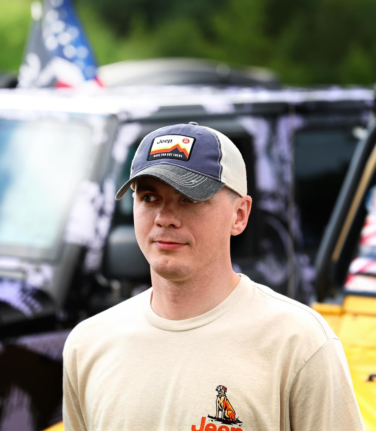 Jeep Have Fun Out There Patch Garment Washed Trucker Hat Unstructured for Men & Women - Adjustable Snapback Baseball Cap - Image 5
