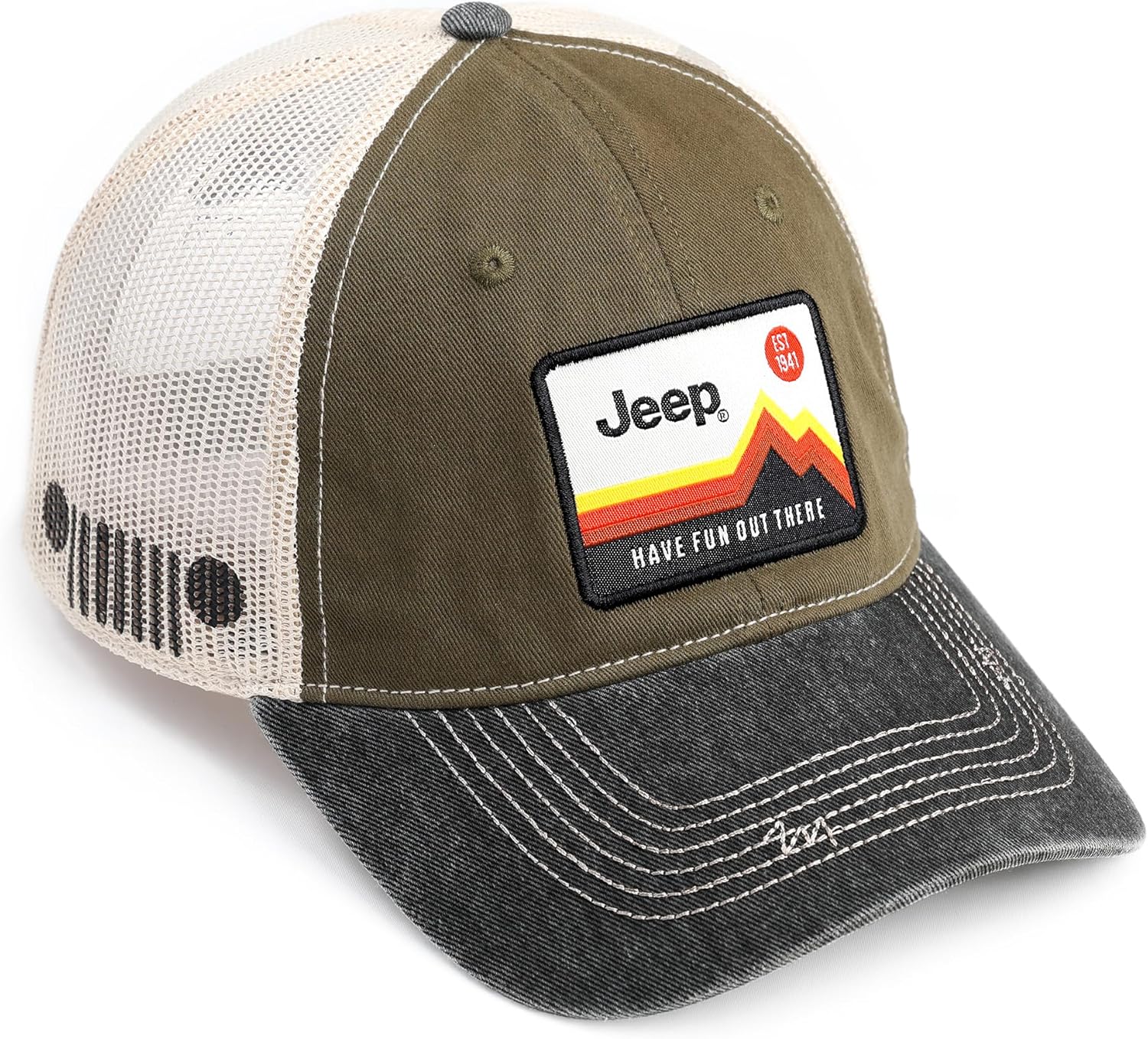 Jeep Have Fun Out There Patch Garment Washed Trucker Hat Unstructured for Men & Women - Adjustable Snapback Baseball Cap